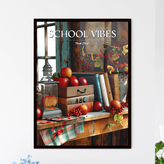 A Poster of back to school set - A Table With Books And Apples Default Title