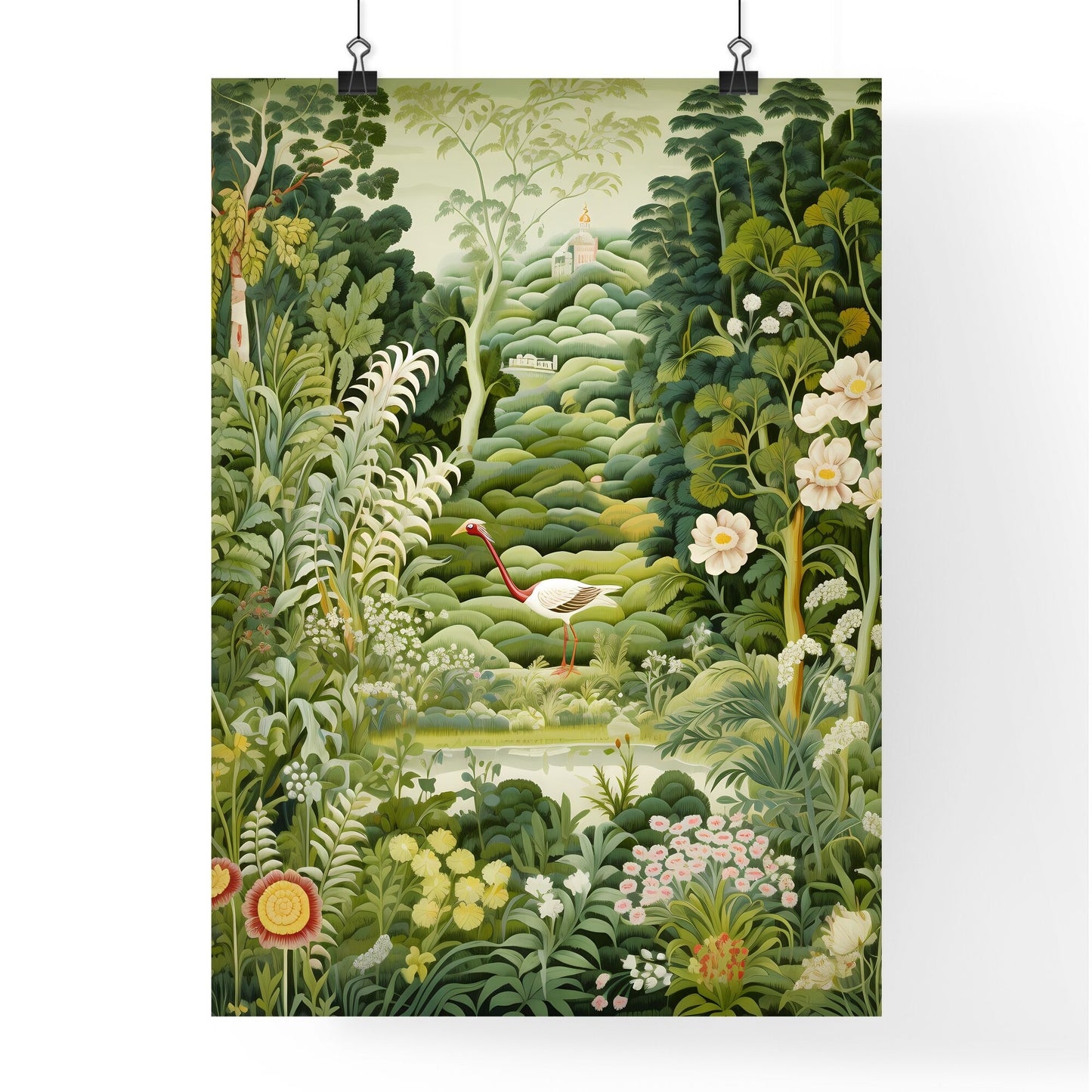 A Poster of green tapestry - A Painting Of A Bird In A Forest Default Title