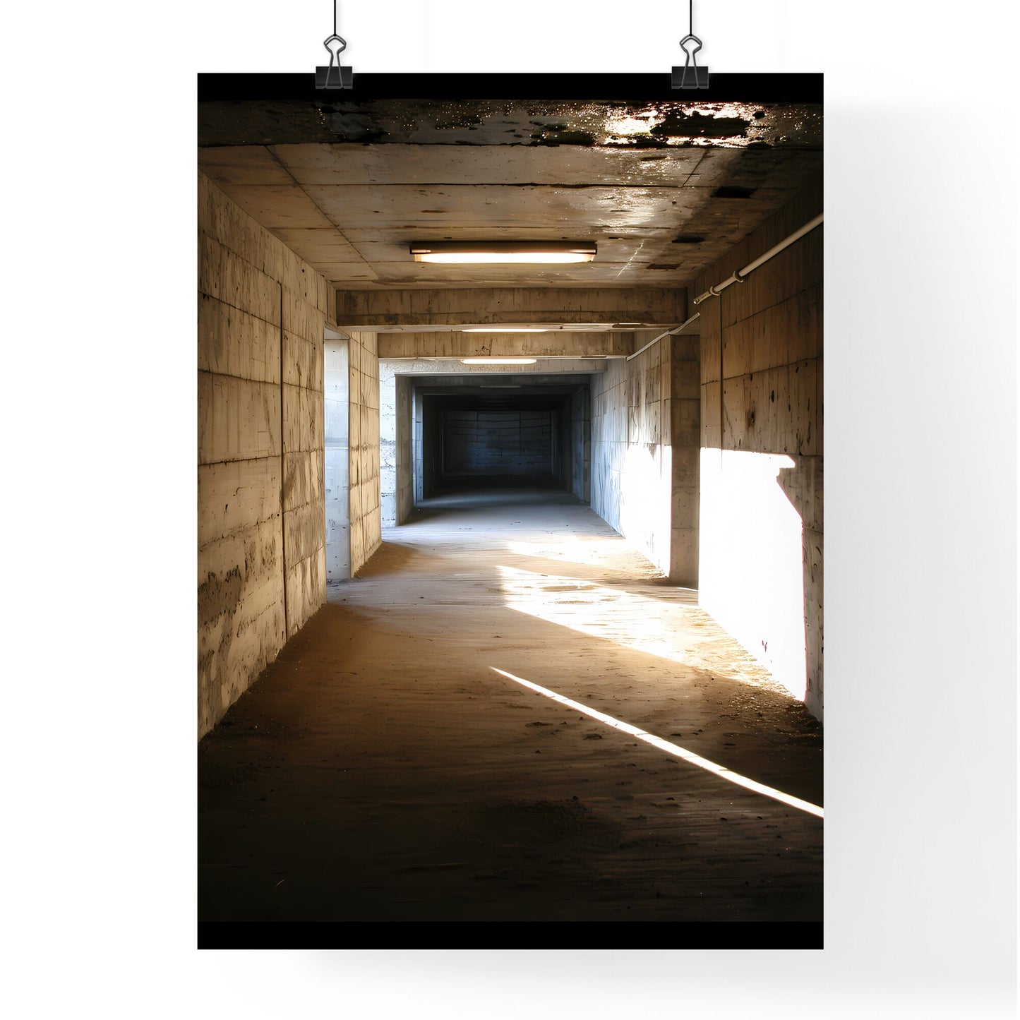 A Poster of tunnel shadows - A Long Concrete Tunnel With Lights Default Title