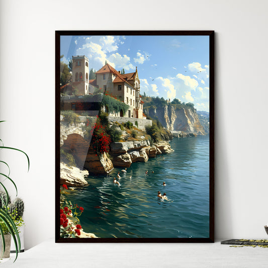 A Poster of bathing scene - A Building On A Cliff Above Water Default Title