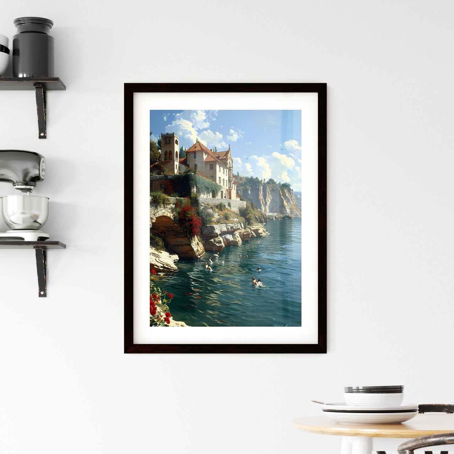 A Poster of bathing scene - A Building On A Cliff Above Water Default Title