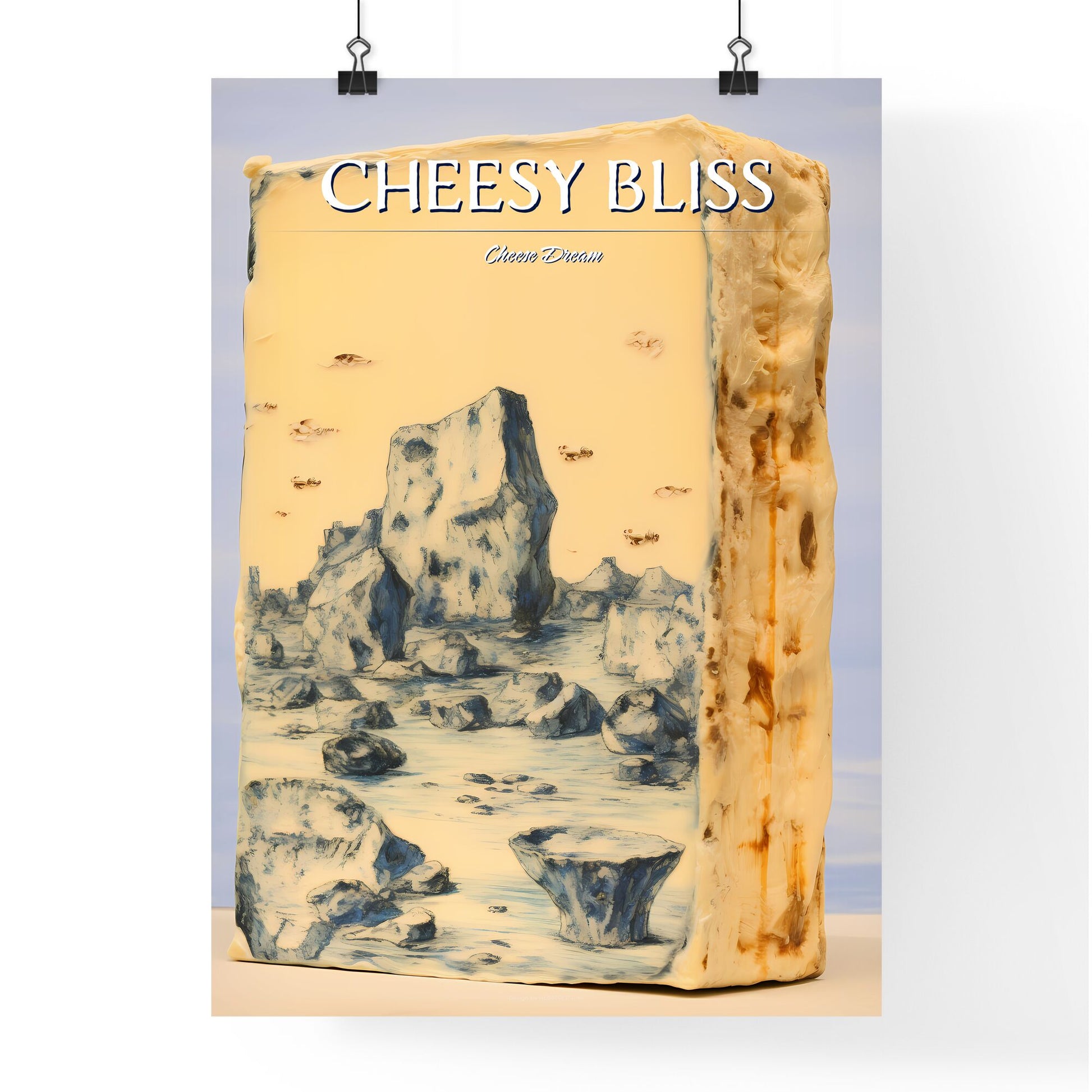 A Poster of Gorgonzola cheese on beige background sketchbook art - A Piece Of Food With A Drawing Of A Landscape Default Title