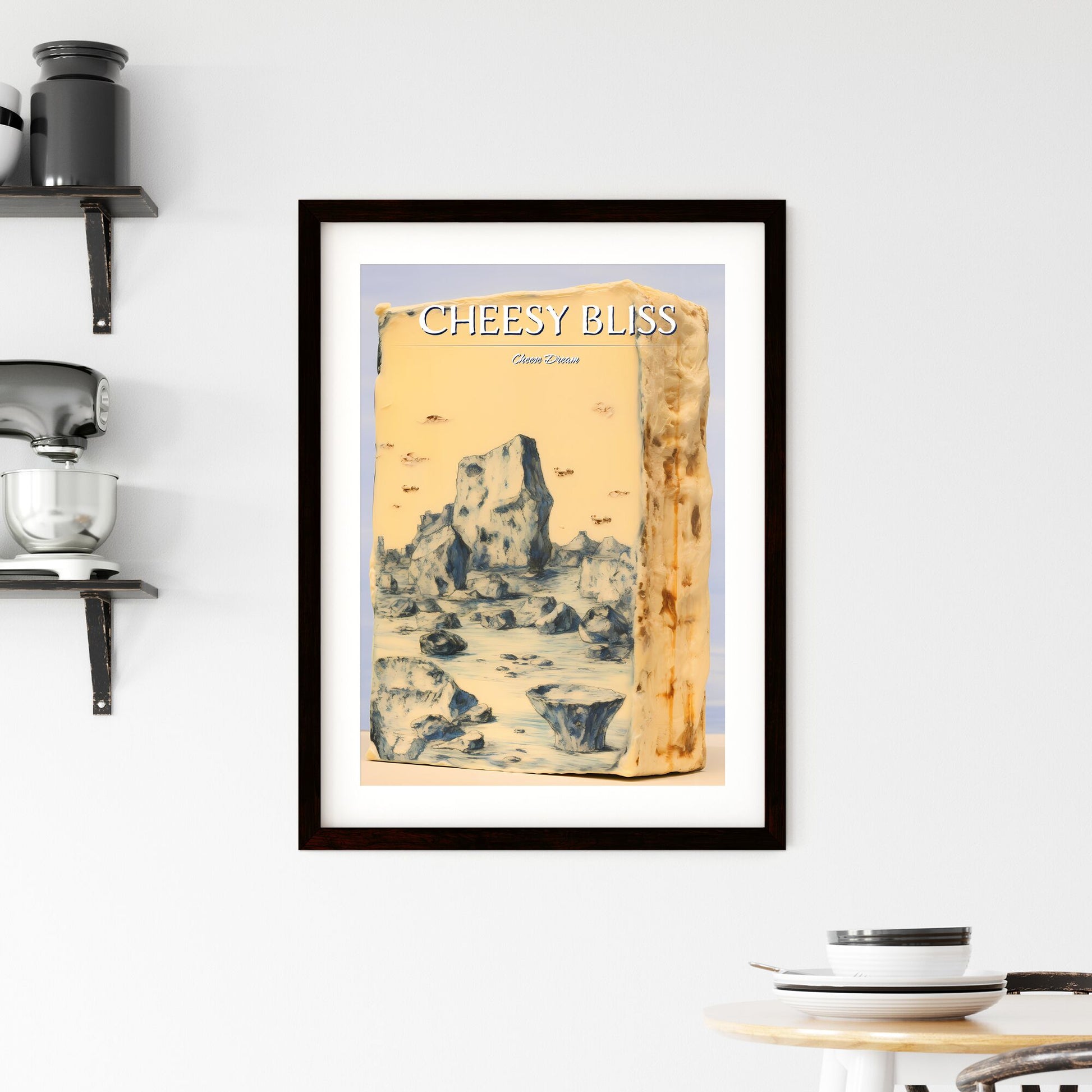 A Poster of Gorgonzola cheese on beige background sketchbook art - A Piece Of Food With A Drawing Of A Landscape Default Title