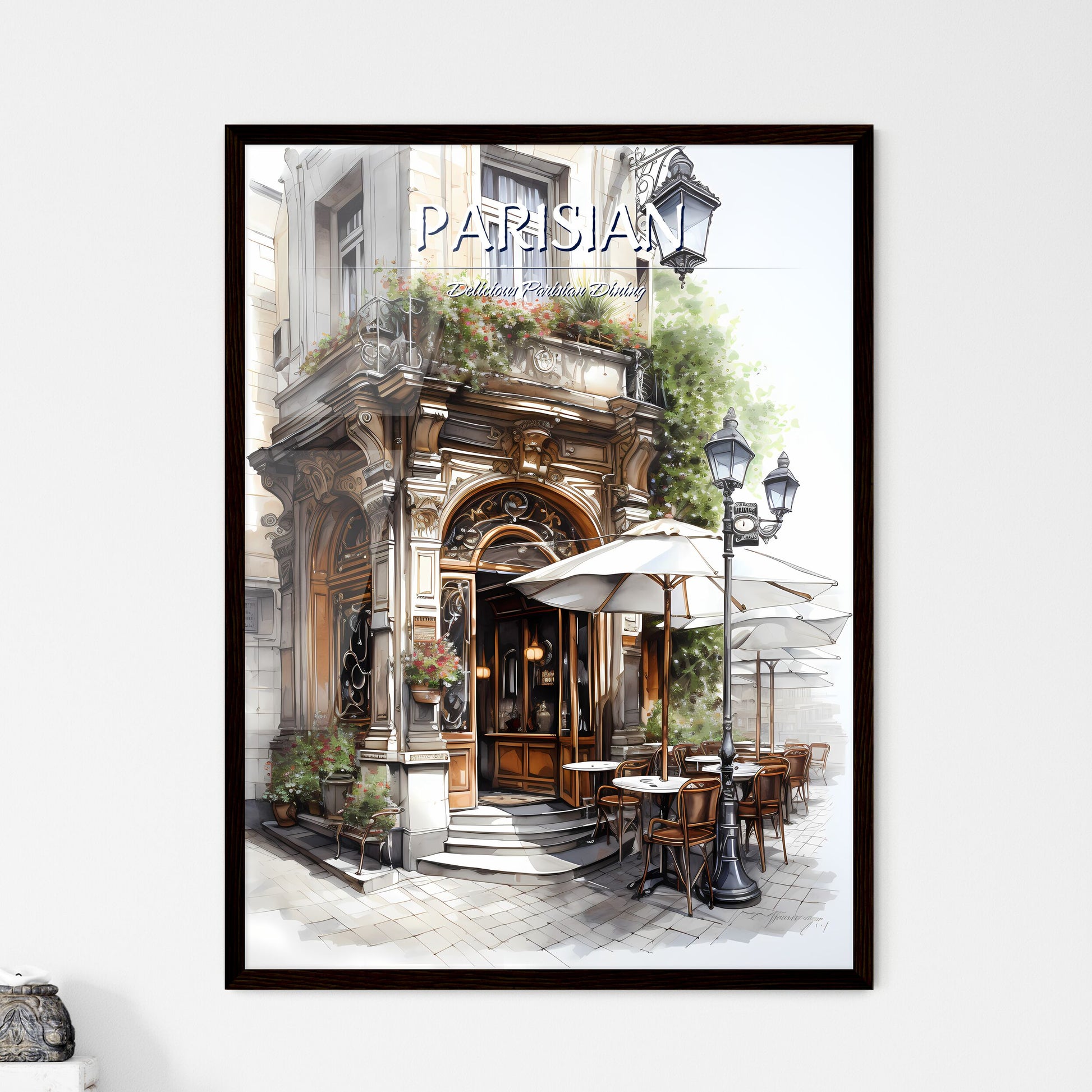 A Poster of the exterior of a paris restaurant - A Building With Tables And Chairs Framed Art