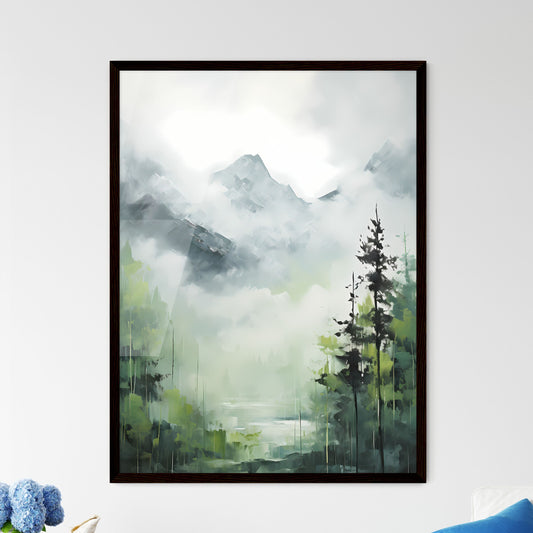 A Poster of painting of mountain side in spring - A Painting Of A Forest And Mountains Default Title