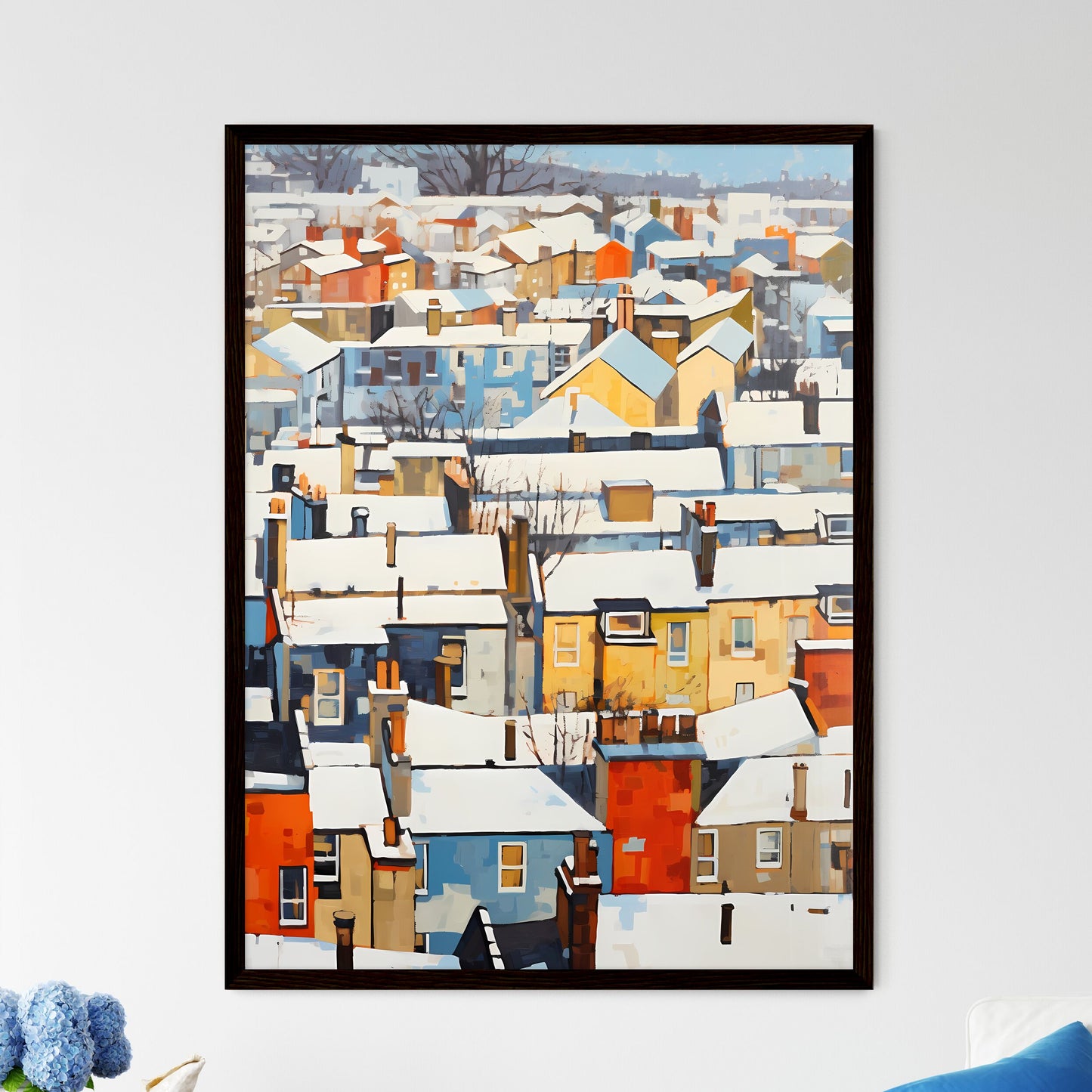 A Poster of snowy urban roofs of london - A Group Of Buildings Covered In Snow Framed Art