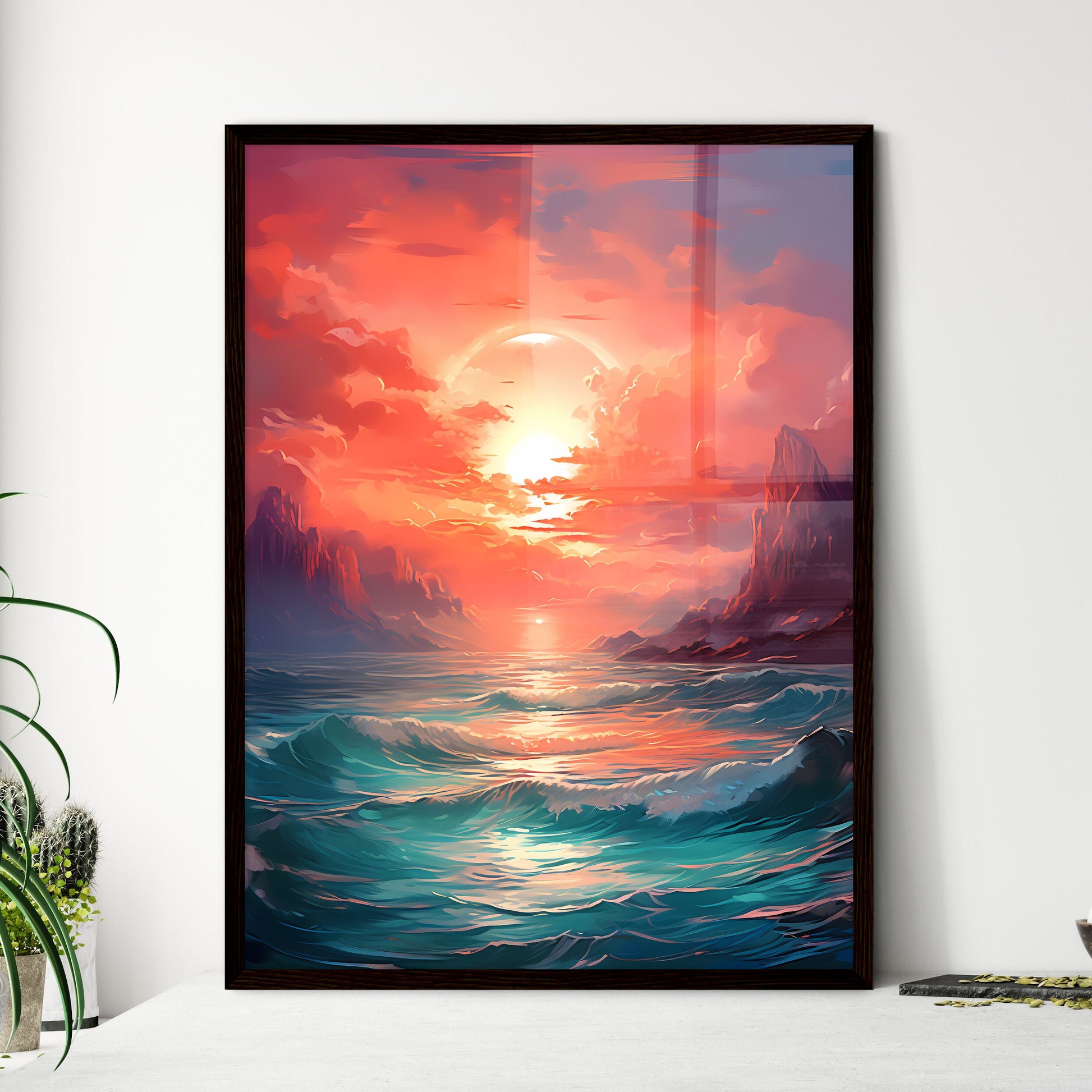 A Poster of The red sunset shone on the blue - Framed Art Print