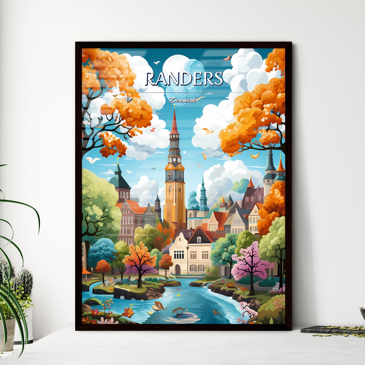 Randers, Denmark - Art print of a colorful landscape with a river and trees and a clock tower Framed Art