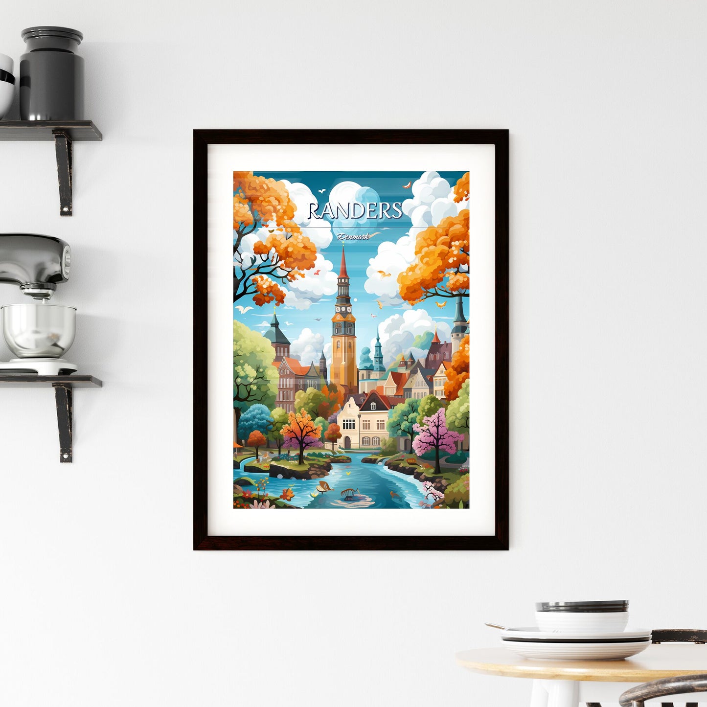 Randers, Denmark - Art print of a colorful landscape with a river and trees and a clock tower Default Title