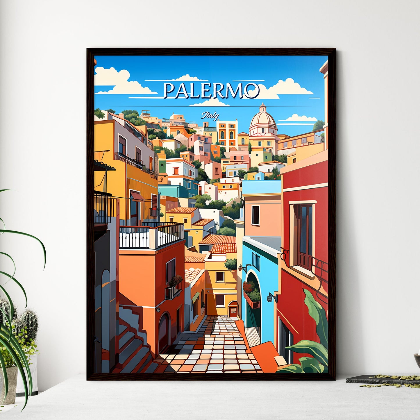 Palermo, Italy - Art print of a colorful buildings on a hill Framed Art