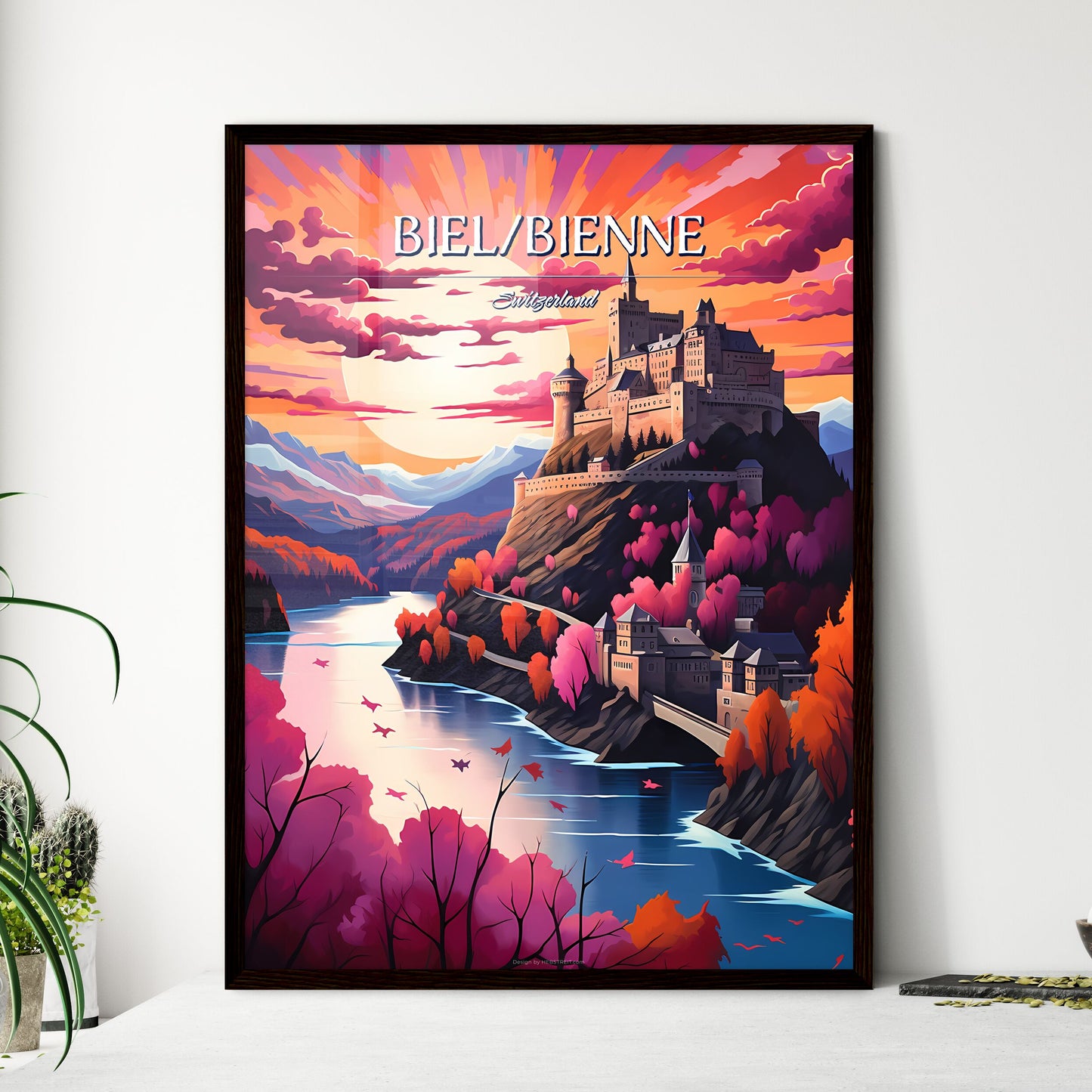 Biel/Bienne, Switzerland - Art print of a castle on a hill with a river and trees Framed Art