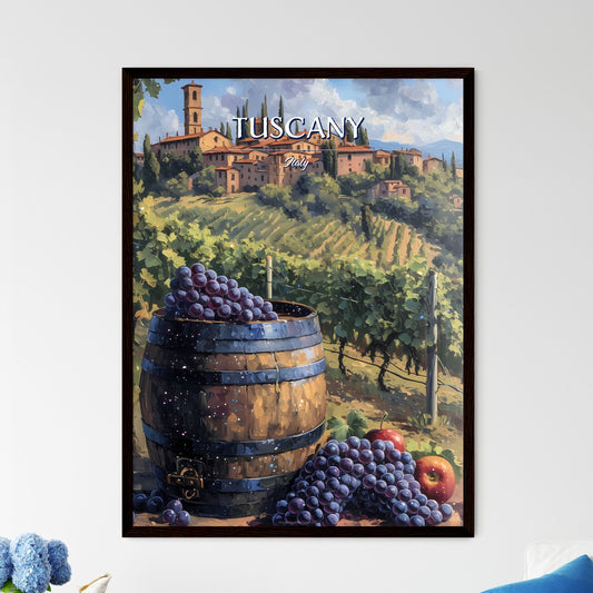 Tuscany, Italy - Art print of a painting of a vineyard with a barrel of grapes and a building in the distance Default Title