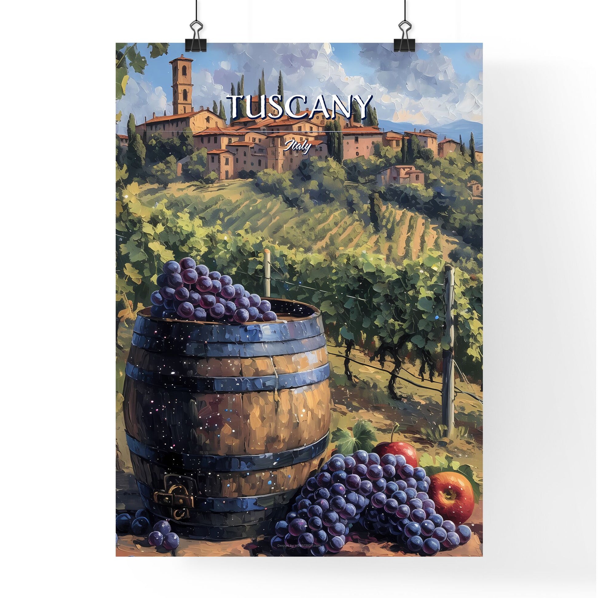Tuscany, Italy - Art print of a painting of a vineyard with a barrel of grapes and a building in the distance Default Title