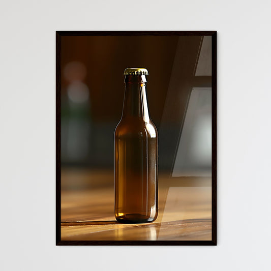 An empty beer bottle stands on a wooden tabl - Framed Art Print