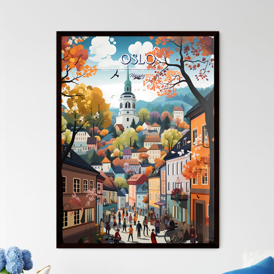 Oslo, Norway - Art print of a painting of a town with trees and a church Framed Art