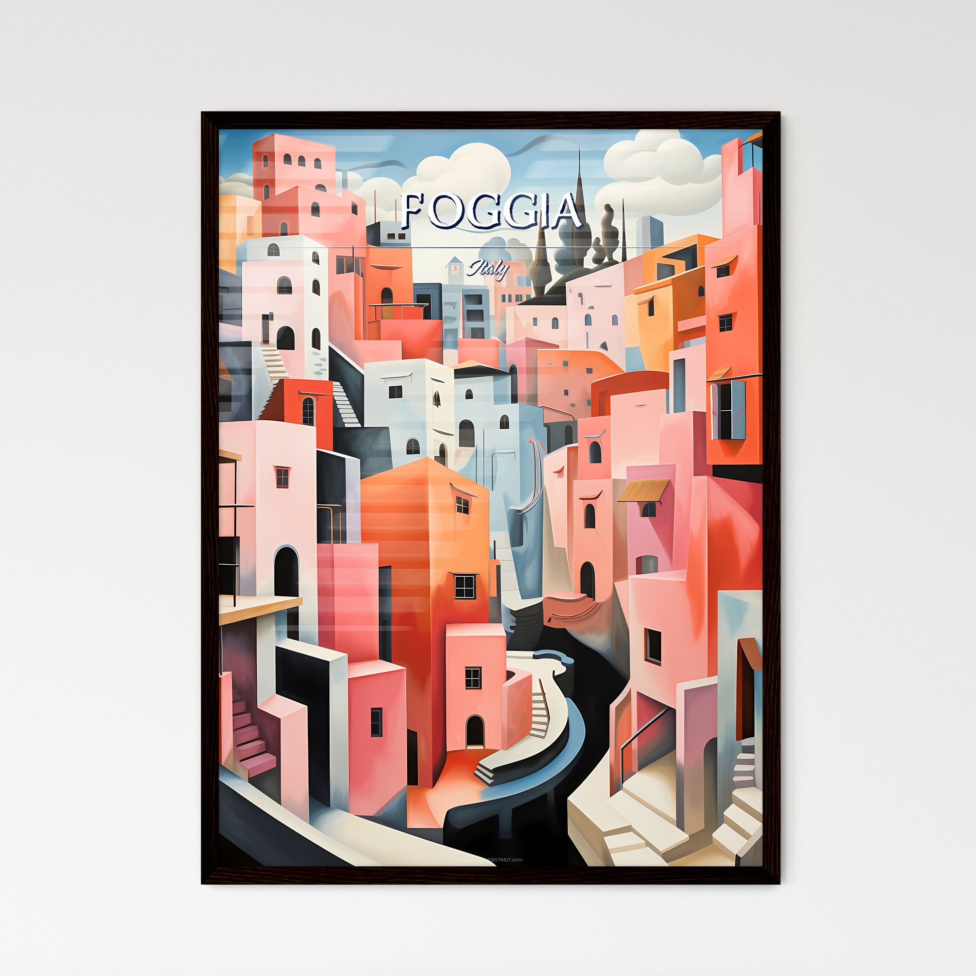 Foggia, Italy - Art print of a painting of a colorful city Framed Art