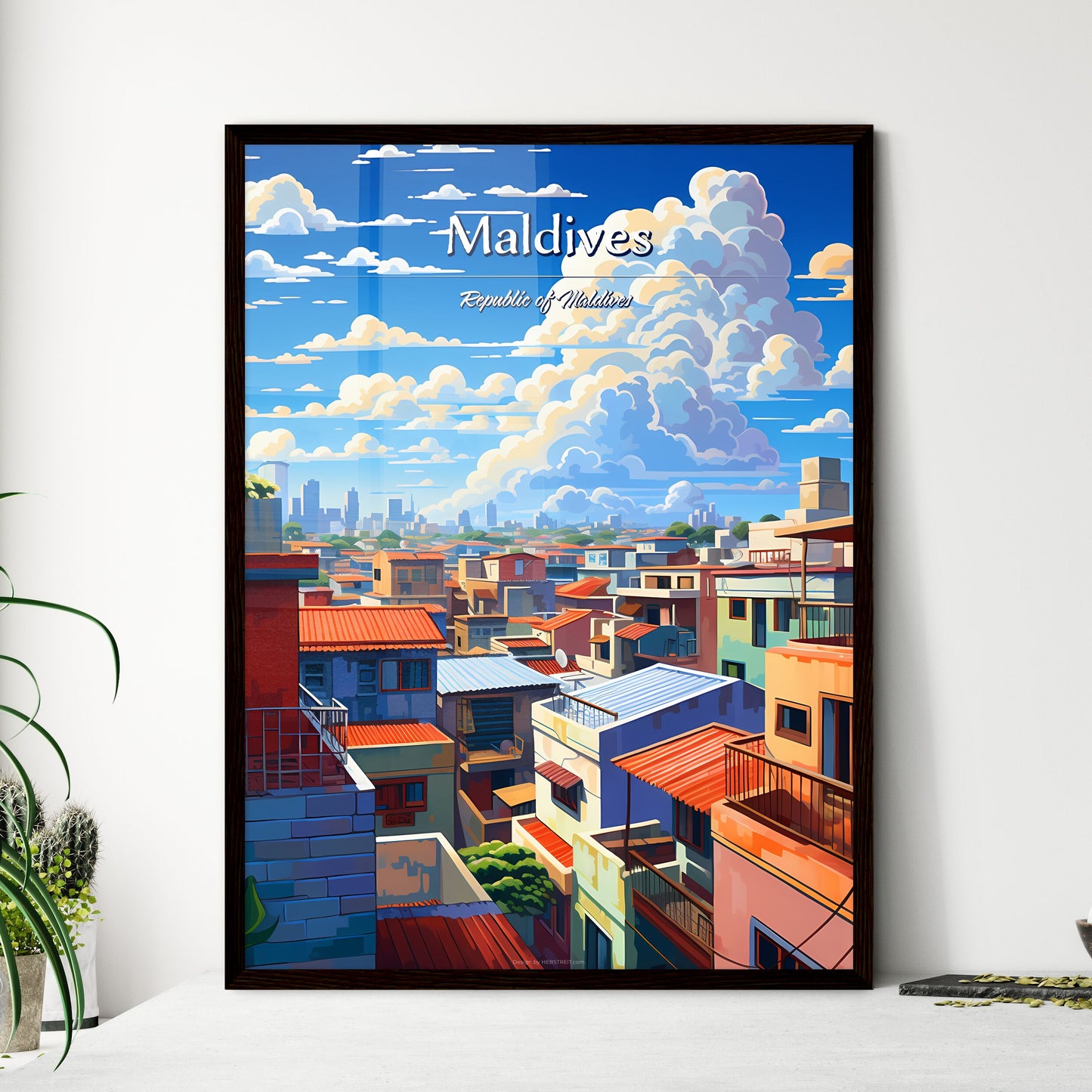 On the roofs of Maldives, Republic of Maldives - Art print of a city with many buildings and clouds in the sky Framed Art