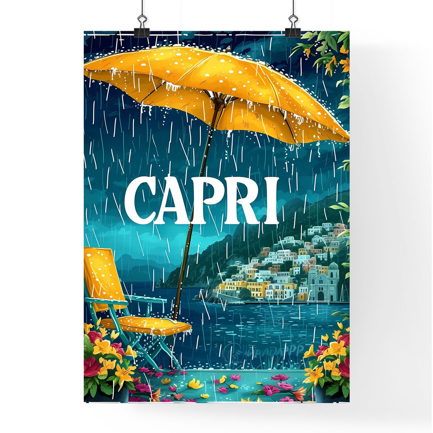 Capri Italy with text CAPRI in bodony font - Art print of a yellow umbrella and chair in the rain Default Title