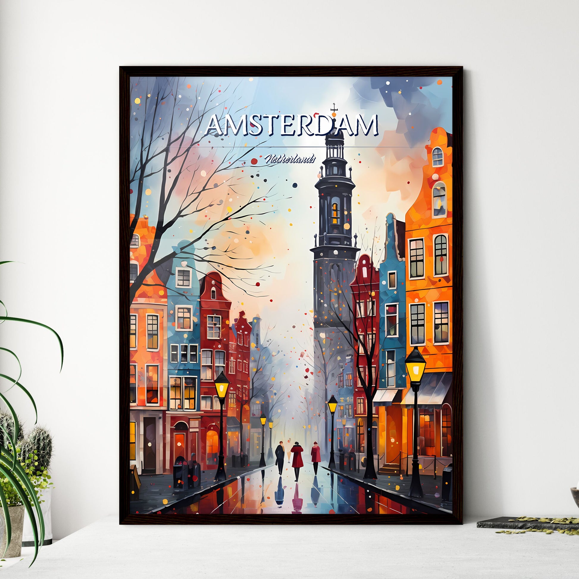 Amsterdam, Netherlands - Art print of a painting of a street with buildings and a tower Default Title