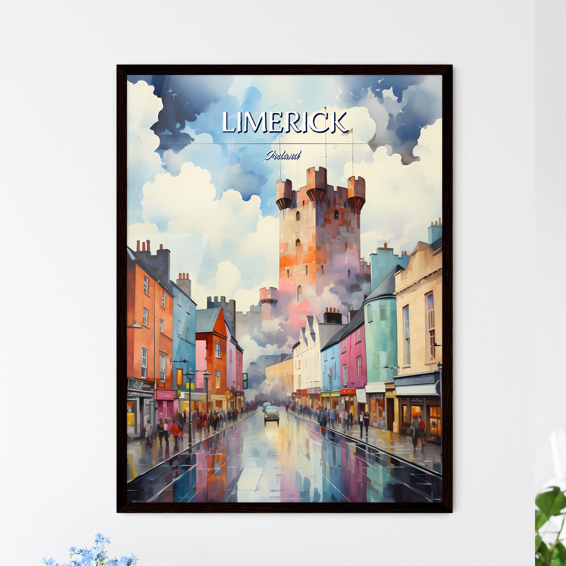 Limerick, Ireland - Art print of a street with buildings and a castle in the background Framed Art