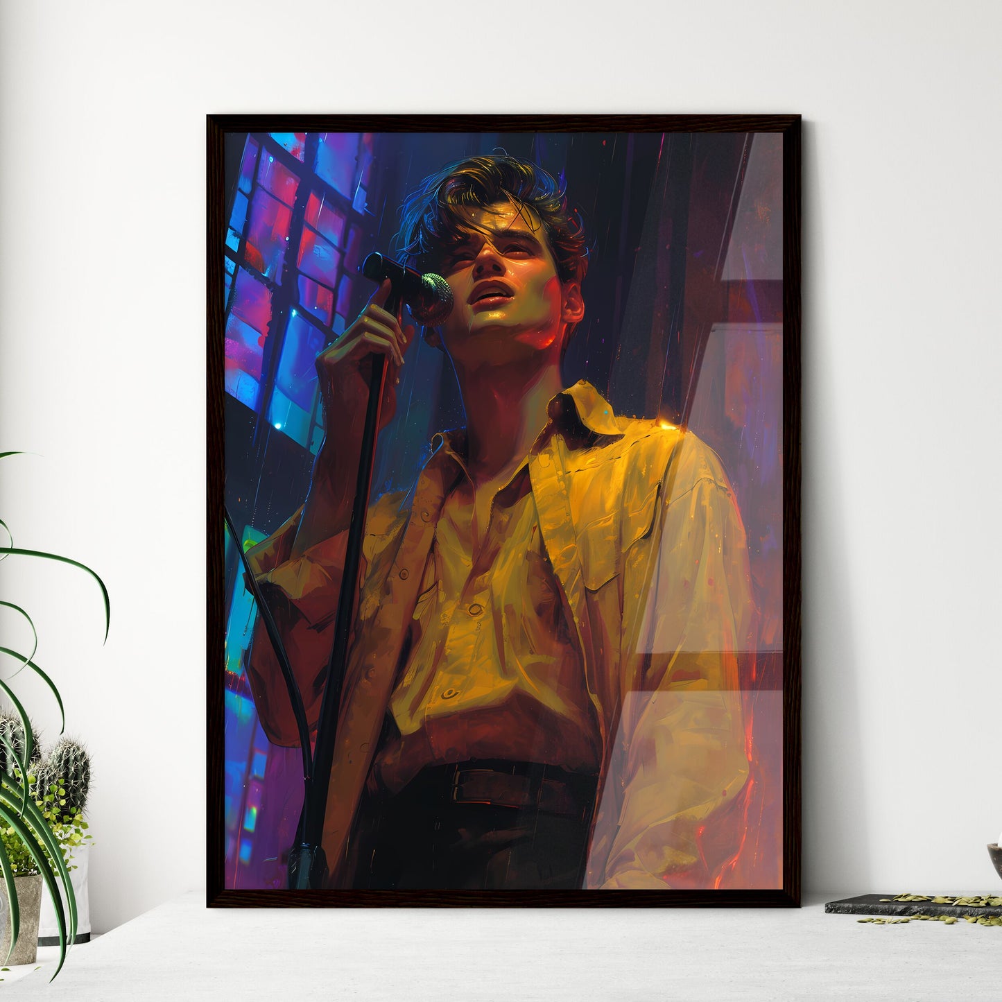 A young guy conducts and records an interview  Framed Print