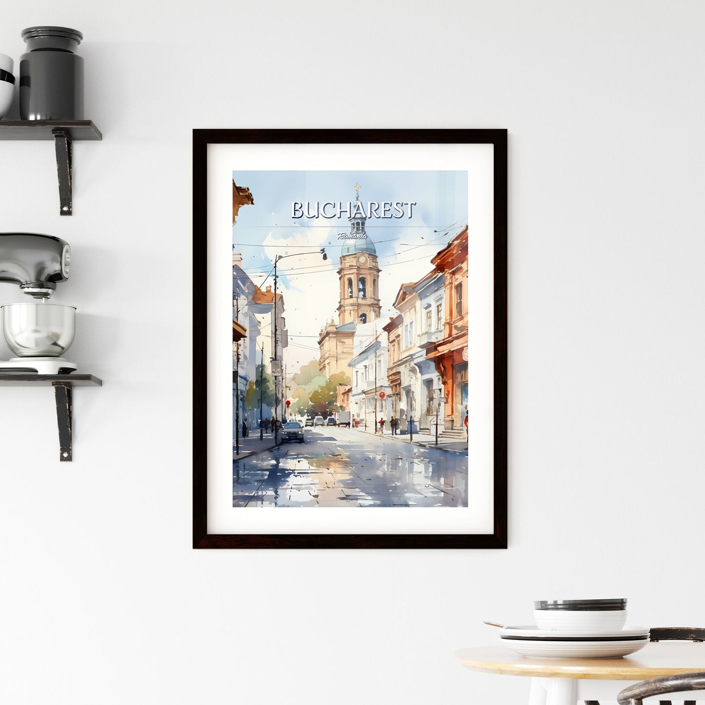 Bucharest, Romania - Art print of a watercolor of a street with buildings and a tower Default Title