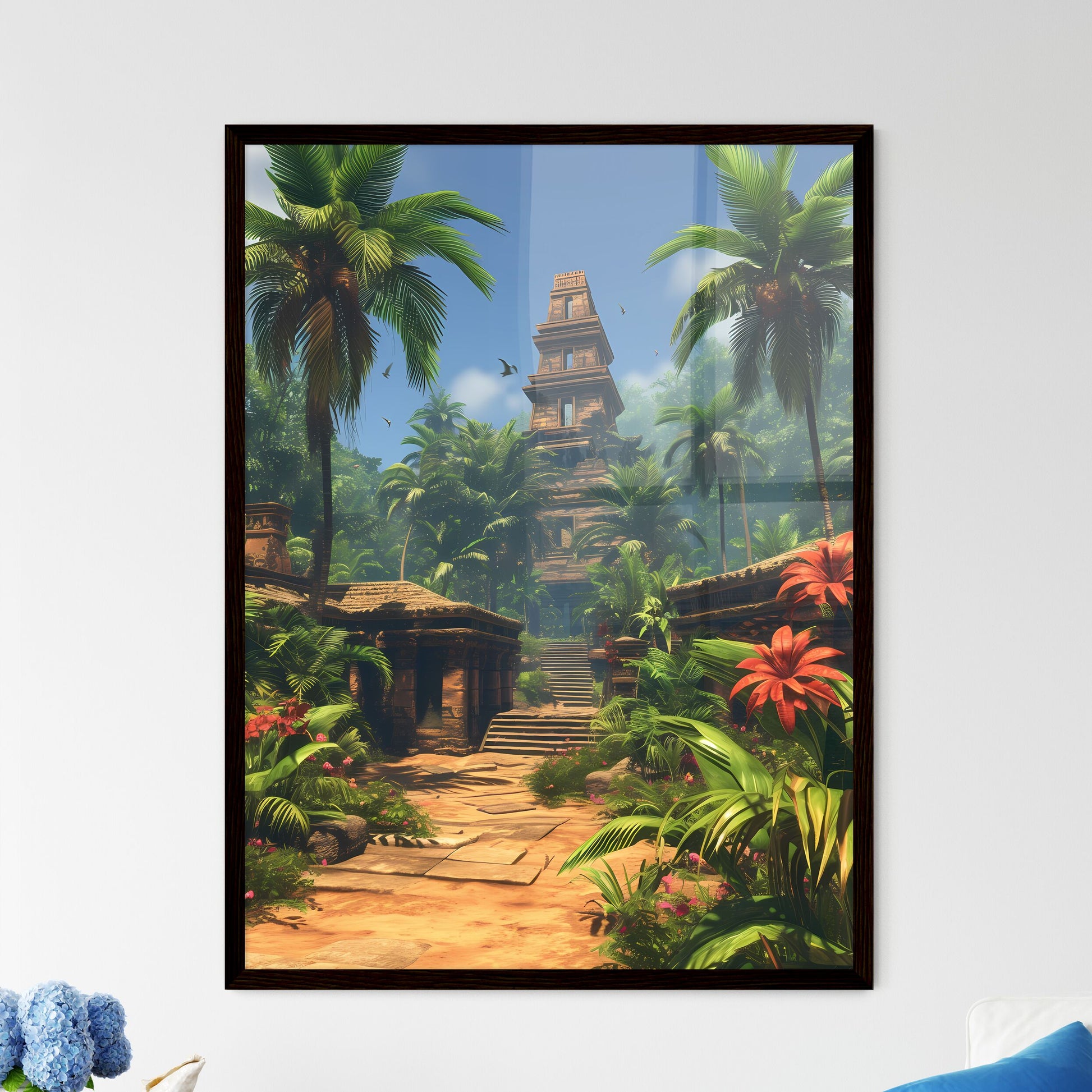 In ancient babylon, there a very wide temple structure in the middle of the walled city - Art print of a stone building surrounded by trees and plants Framed Art