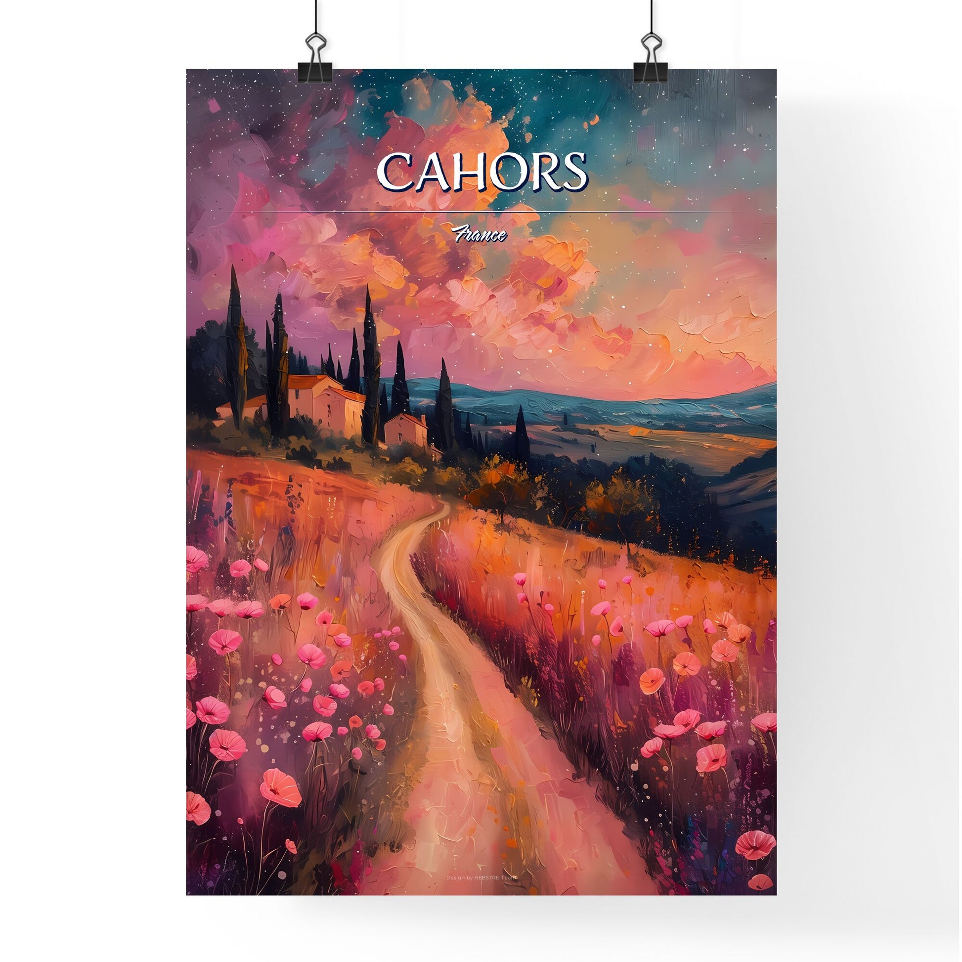 Cahors, France - Art print of a painting of a road in a field with flowers Default Title