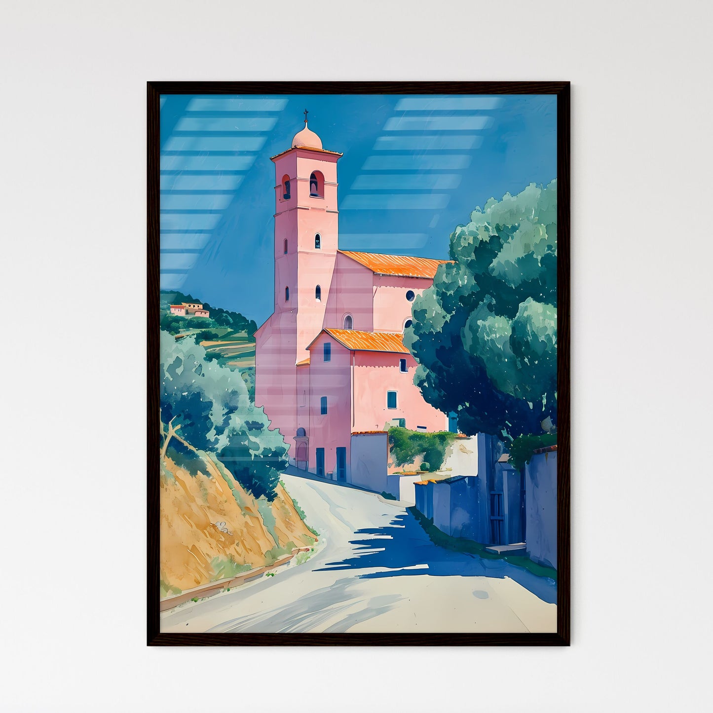 Amidst a countryside canvas - Art print of a painting of a pink building with a tower Framed Art