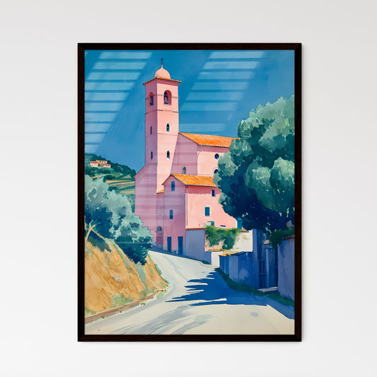Amidst a countryside canvas - Art print of a painting of a pink building with a tower Framed Art