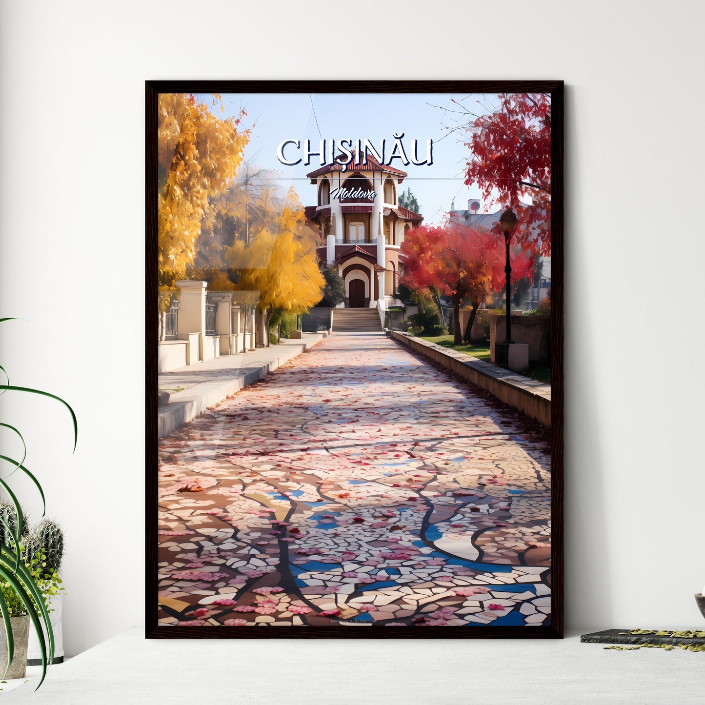 Chișinău, Moldova - Art print of a stone path with trees and a building in the background Framed Art