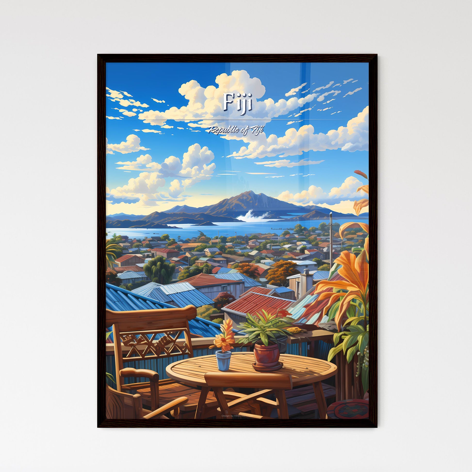 On the roofs of Fiji, Republic of Fiji - Art print of a view of a town from a balcony Framed Art