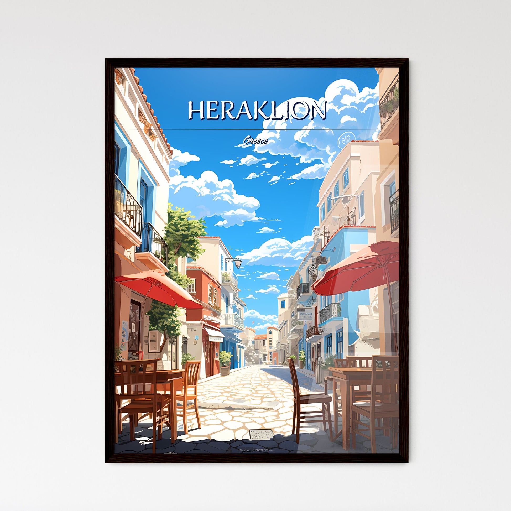 Heraklion, Greece - Art print of a street with tables and umbrellas Framed Art