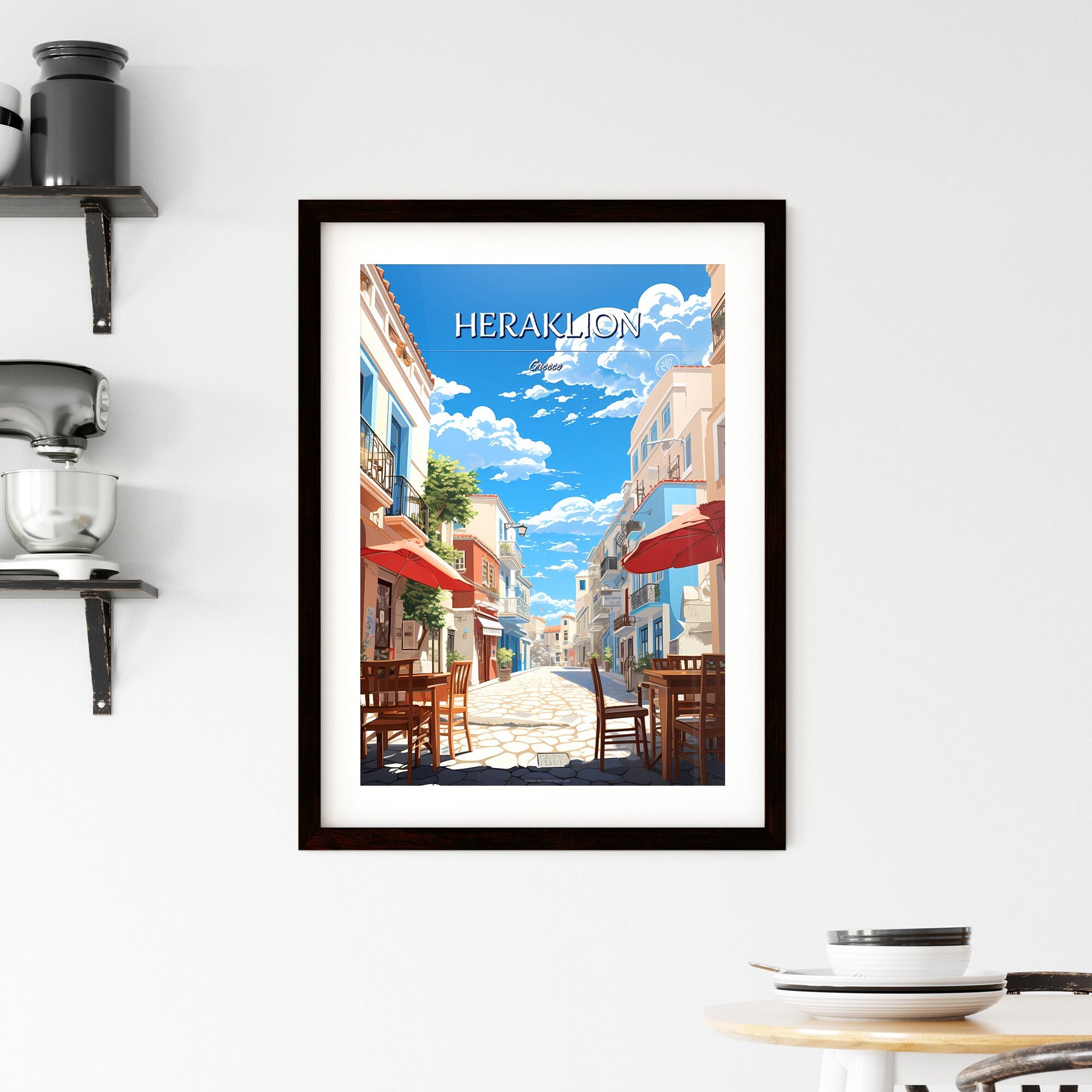 Heraklion, Greece - Art print of a street with tables and umbrellas Default Title