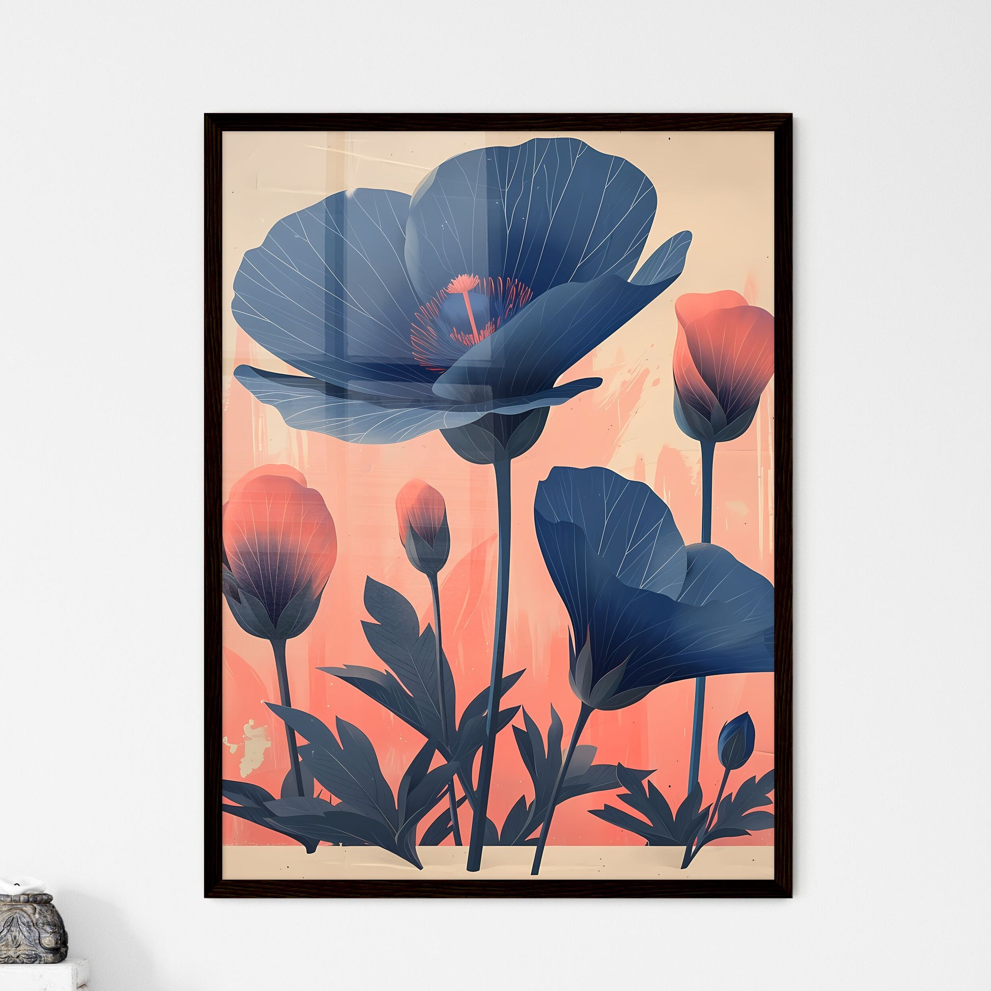 Flowers in blue on a pastel white background - Framed Art Print