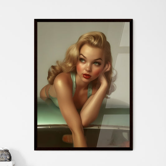 The vintage pin up girl leaning on a car - A - Framed Art Print