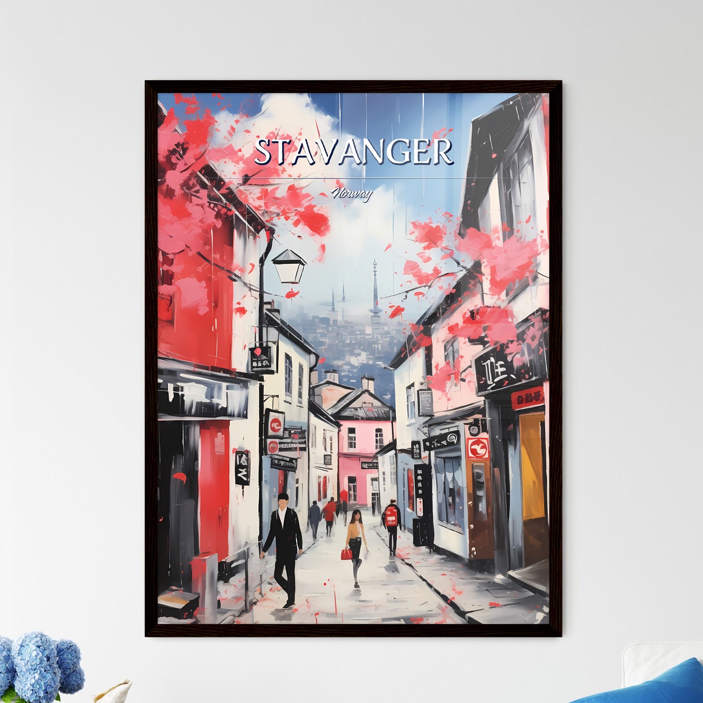 Stavanger, Norway - Art print of a painting of a street with buildings and people walking with Kobe Chinatown in the background Framed Art