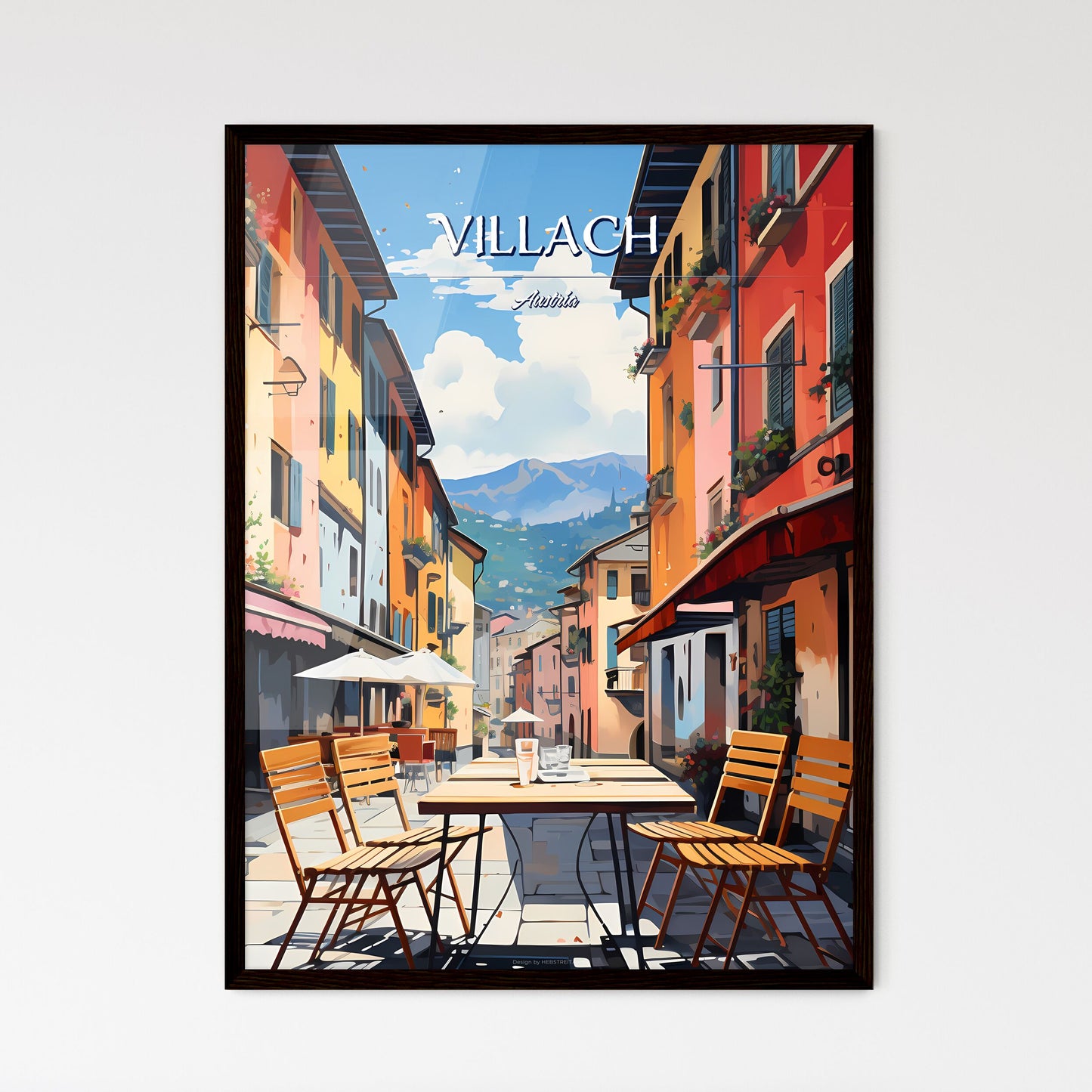 Villach, Austria - Art print of a table and chairs in a street Framed Art