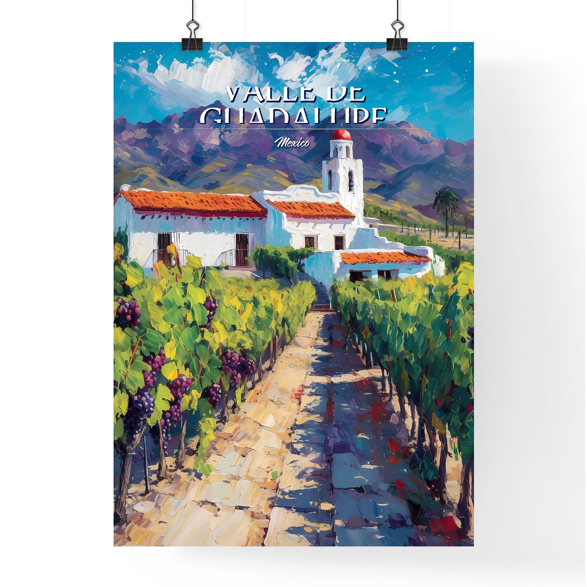 Valle de Guadalupe, Mexico - Art print of a painting of a white building with a red roof surrounded by rows of grapes Default Title
