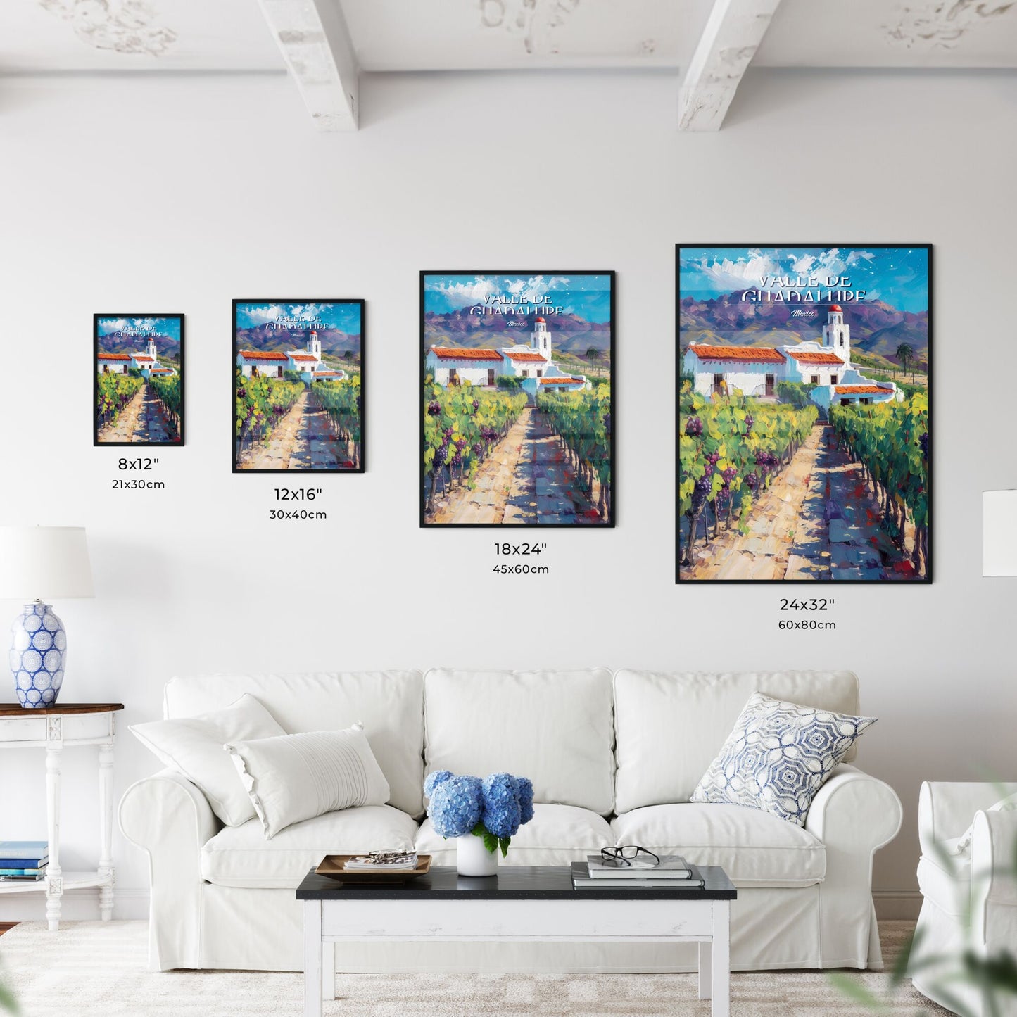 Valle de Guadalupe, Mexico - Art print of a painting of a white building with a red roof surrounded by rows of grapes Default Title