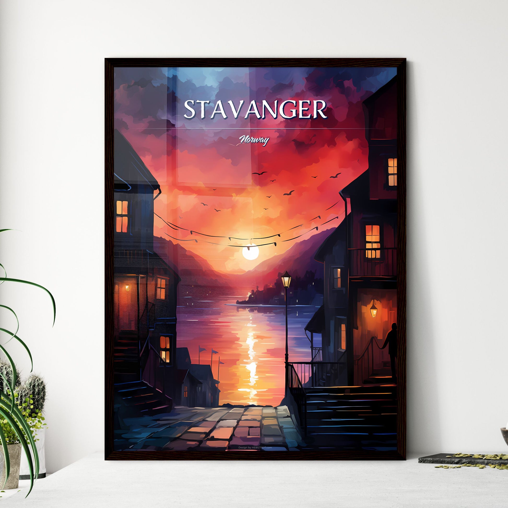 Stavanger, Norway - Art print of a painting of a city with a sunset Framed Art