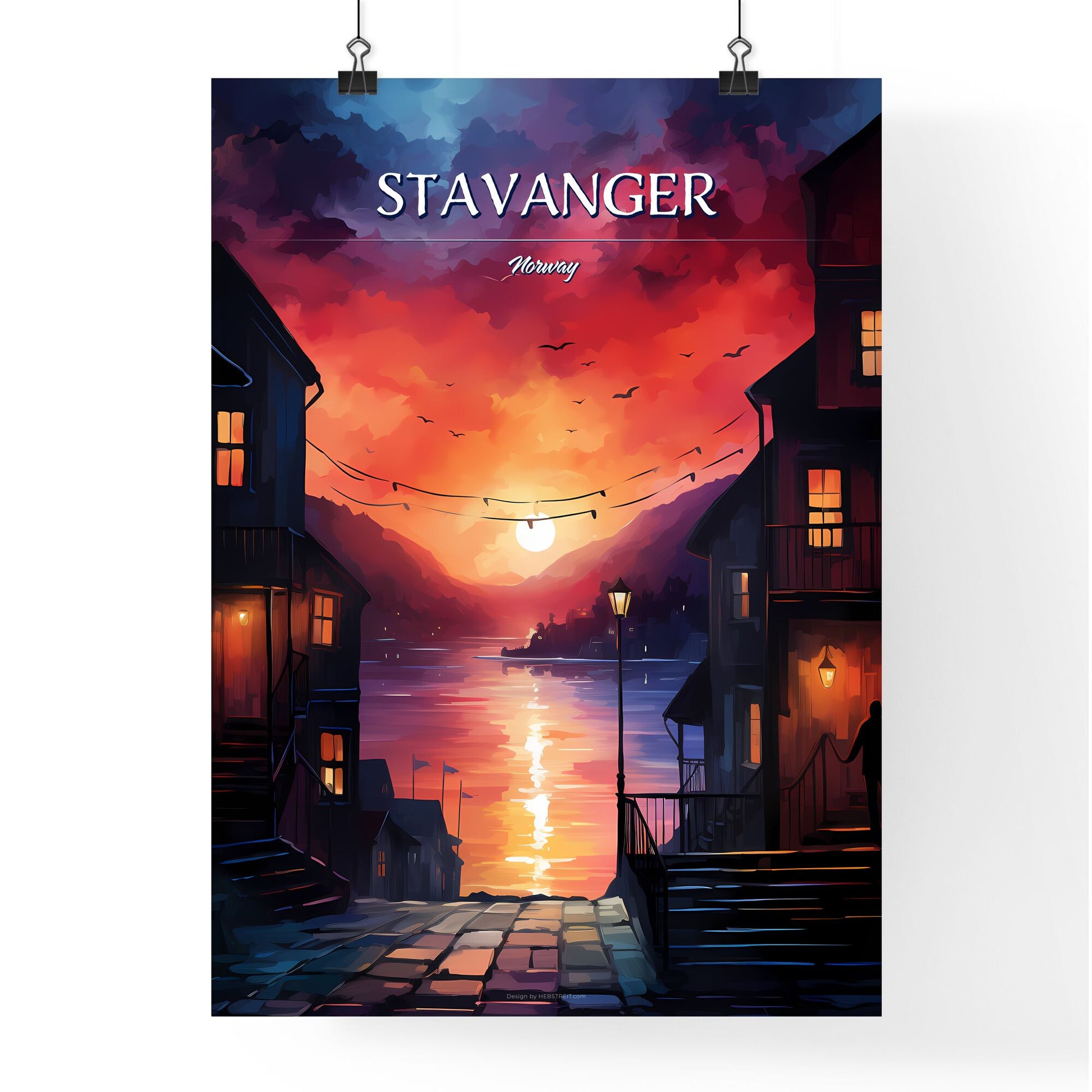 Stavanger, Norway - Art print of a painting of a city with a sunset Default Title