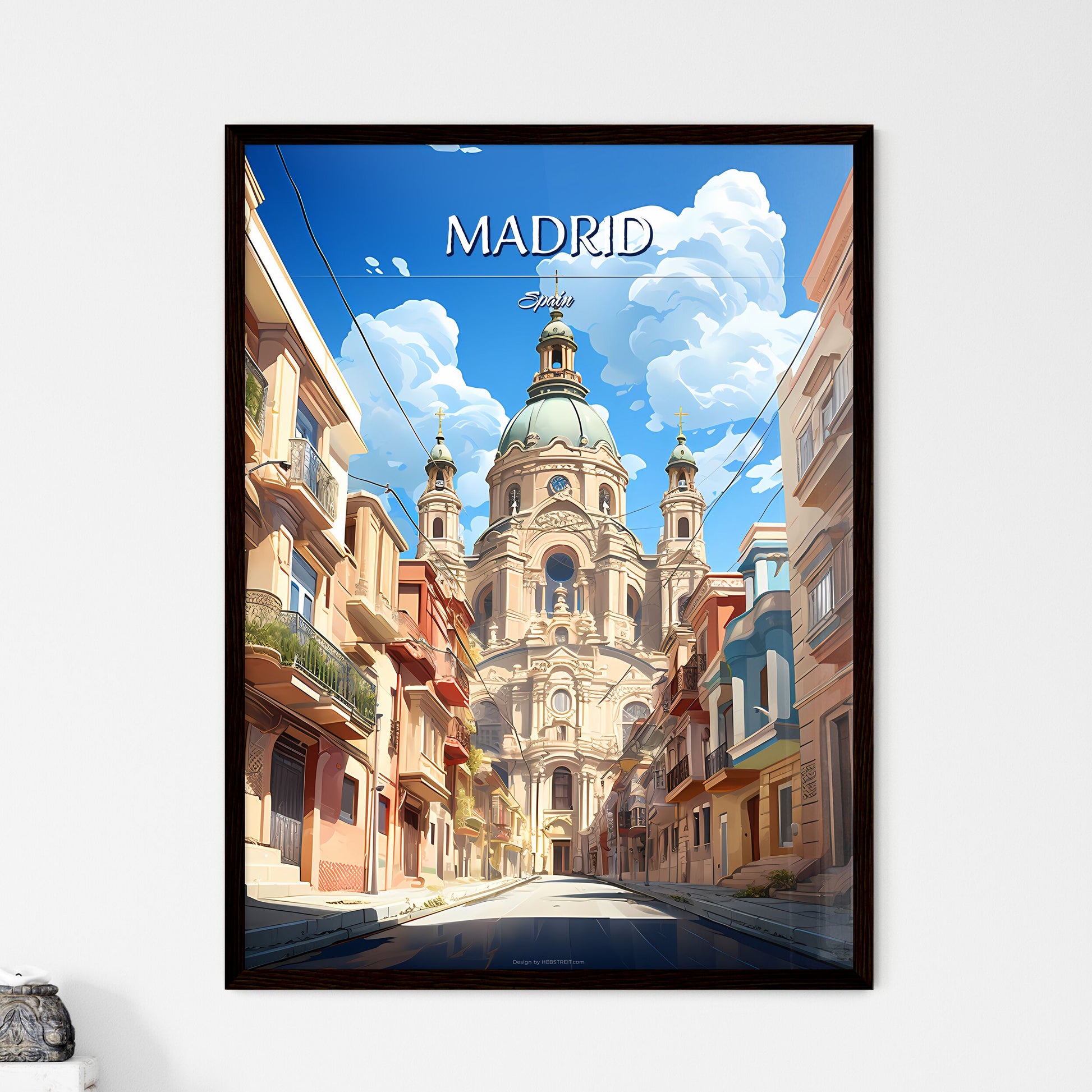 Madrid, Spain - Art print of a street with buildings and a large building Framed Art
