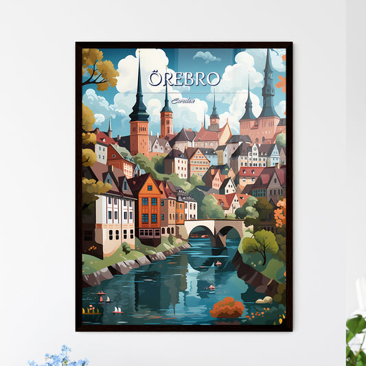 Örebro, Sweden, - Art print of a painting of a city with a bridge over a river Framed Art