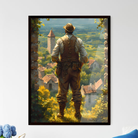 A French vineyard owner - Art print of a man standing on a ledge looking at a village Default Title