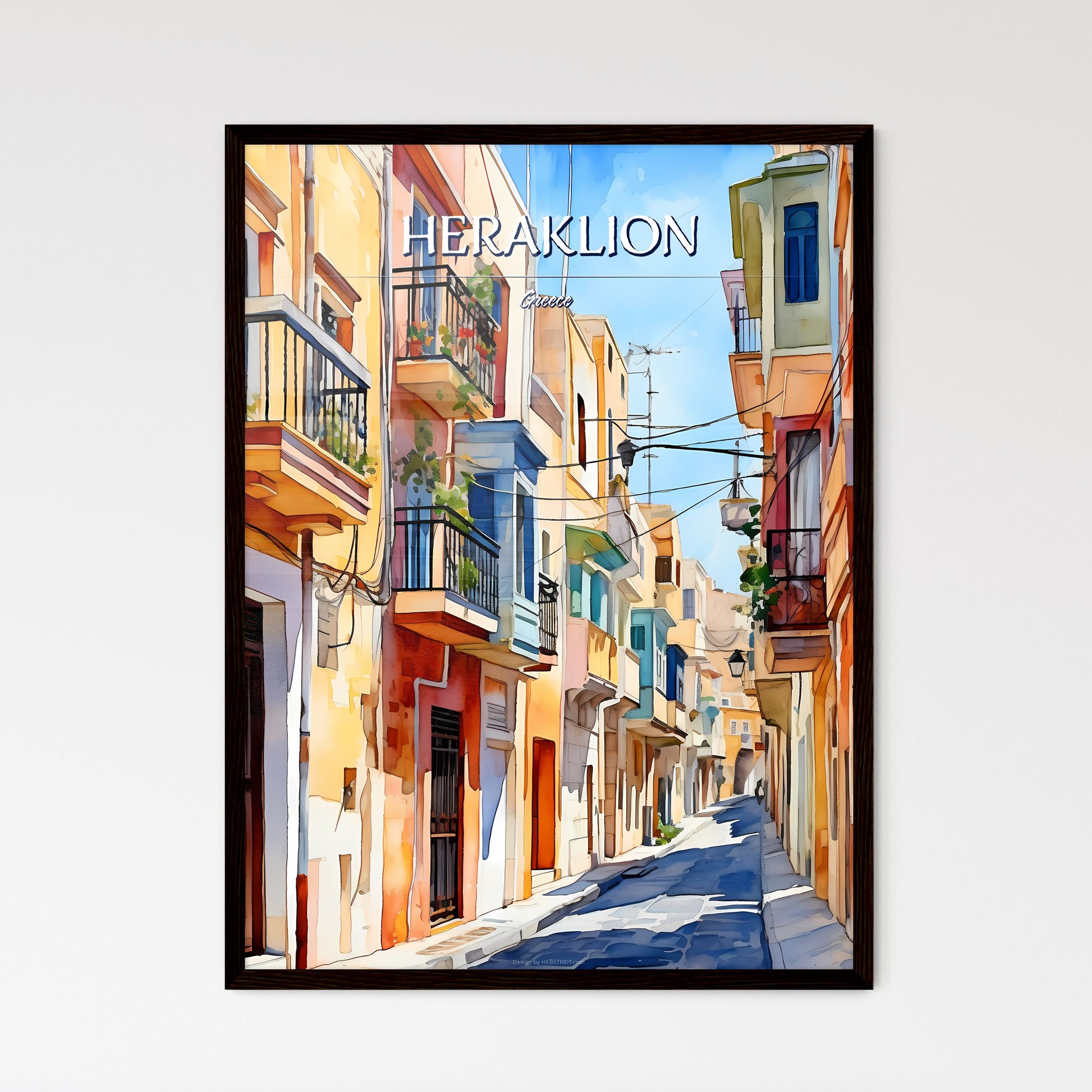 Heraklion, Greece - Art print of a watercolor of a street with buildings and a street with a street and a street with a street and a street with buildings Framed Art