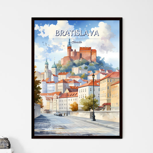 Bratislava, Slovakia - Art print of a street with a road and buildings on top of it Framed Art