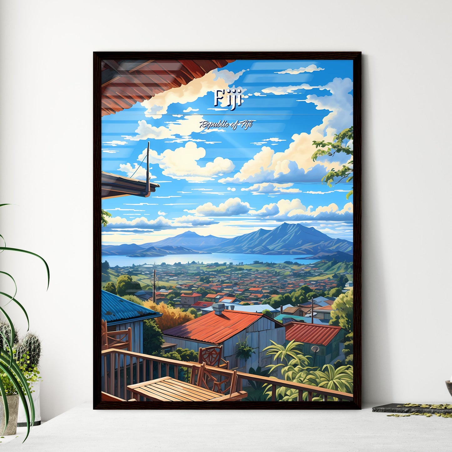 On the roofs of Fiji, Republic of Fiji - Art print of a view of a town from a balcony Framed Art