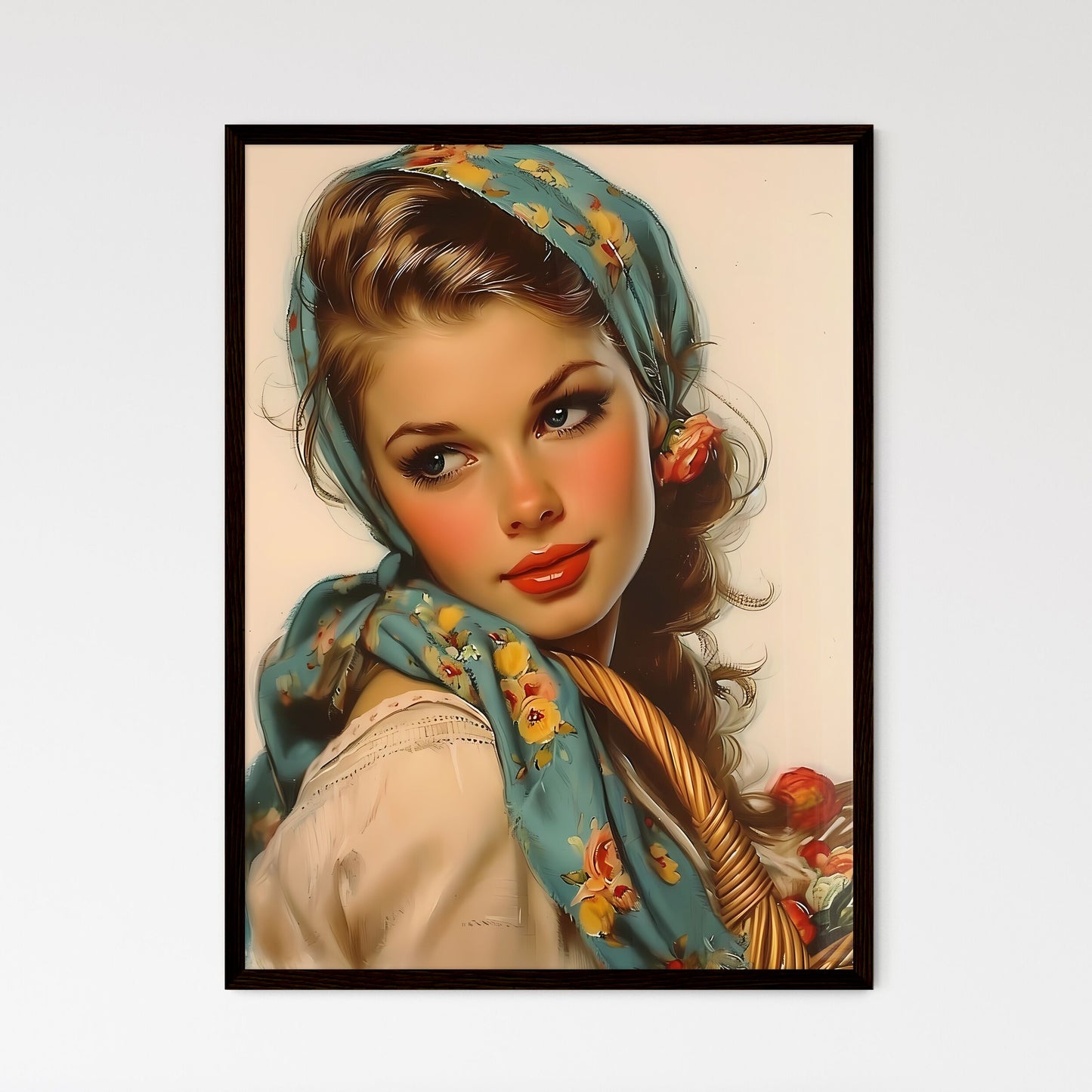 Stunning girl holding picknic basket - Art p - Framed Art Print