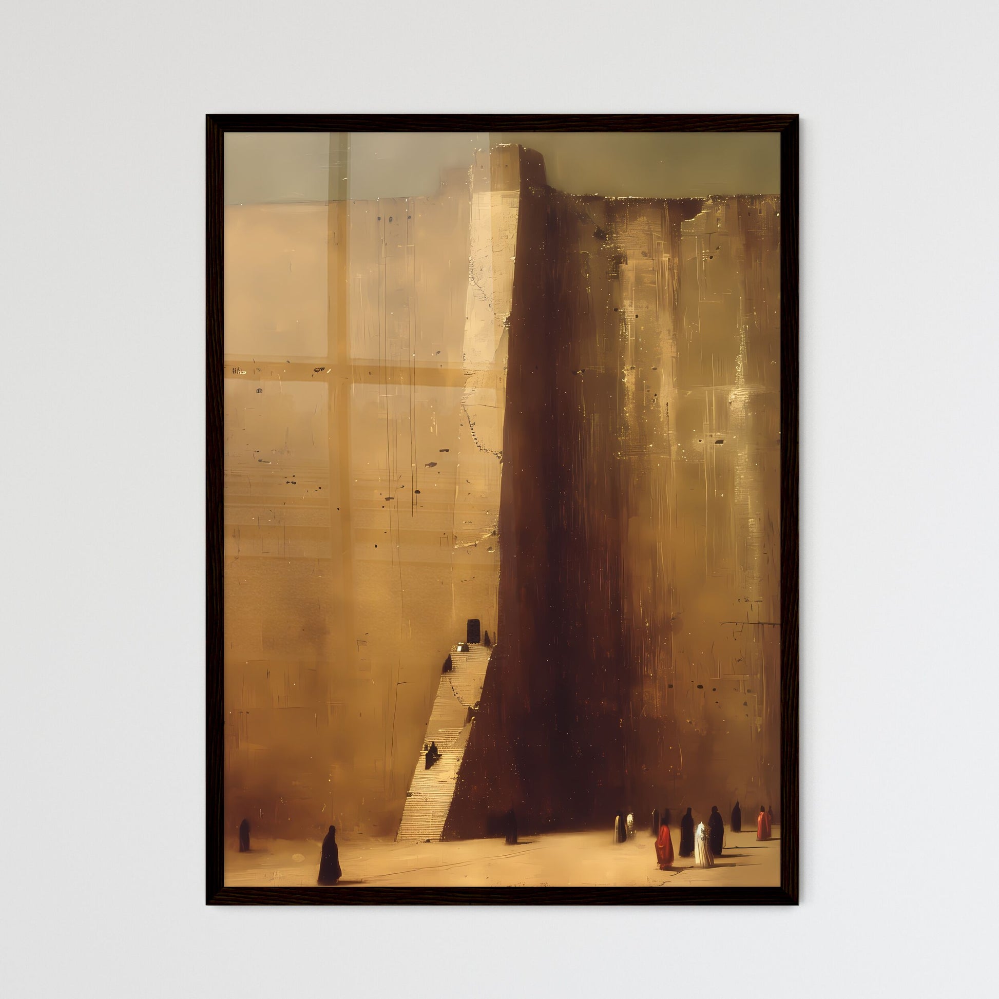 In ancient babylon, there a very wide temple structure in the middle of the walled city - Art print of a group of people walking up a steep wall Framed Art